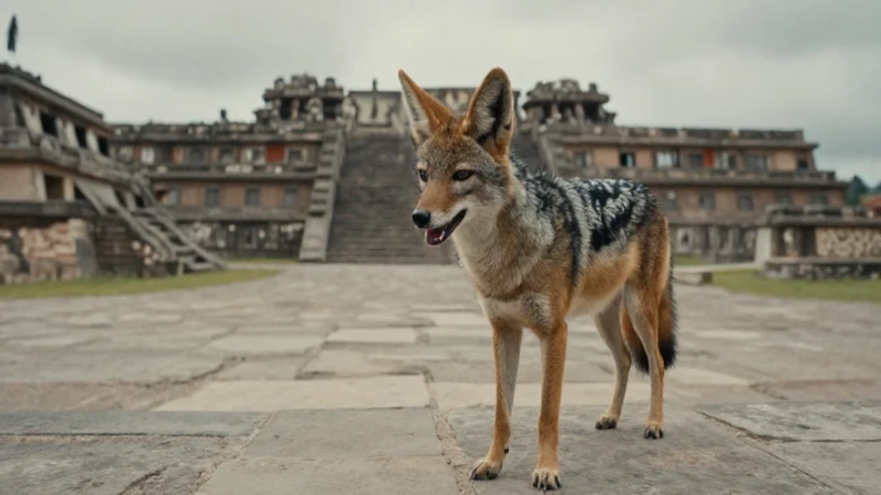 Coyote hambriento en plaza azteca antigua