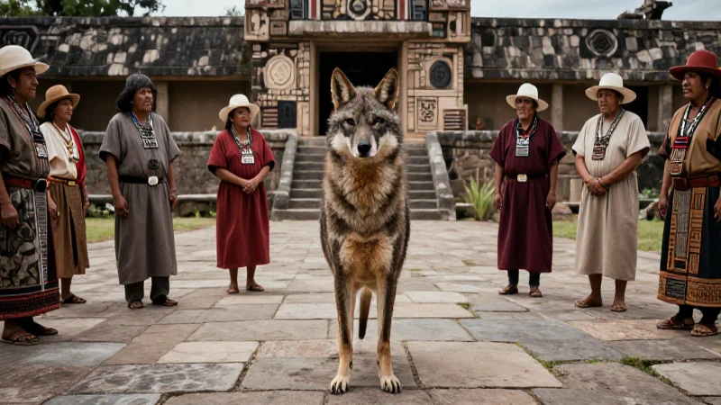 Coyote sabio en plaza observada por ancianos
