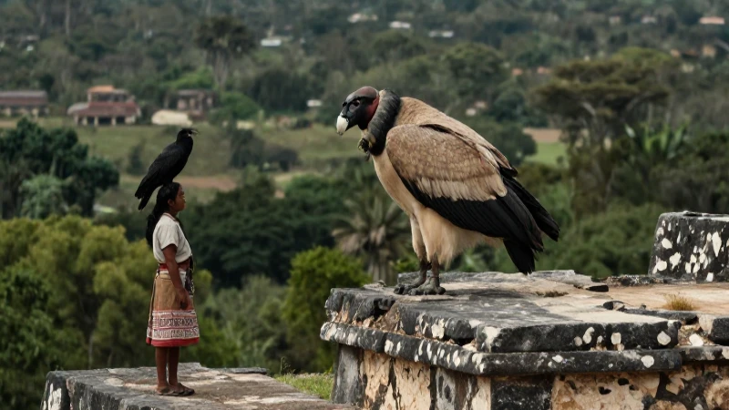Buitre en ruinas mexicanas con un hombre observa