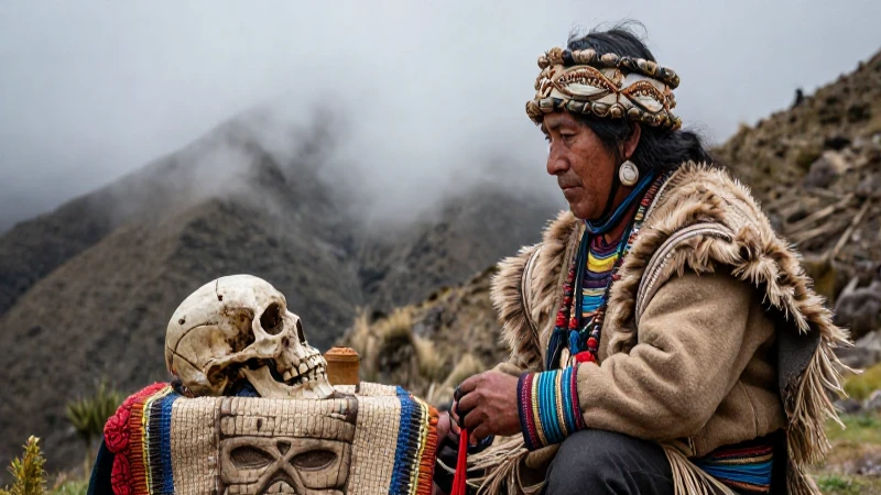 Practicante indígena en ritual andino bajo luz dramática
