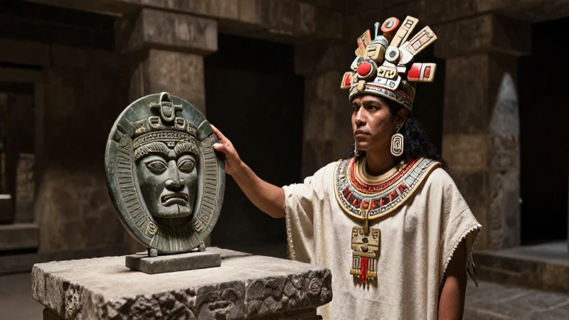 Sacerdote mesoamericano en altar antiguo con espejo de obsidiana
