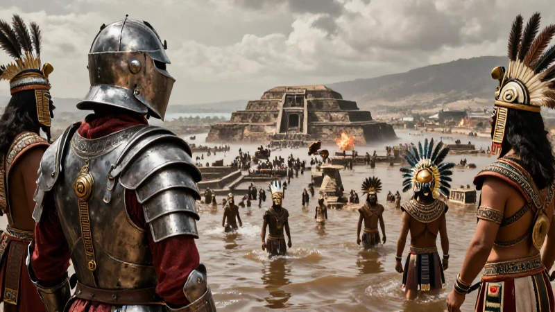 Conquistador contra guerreros mexicas en Tenochtitlan