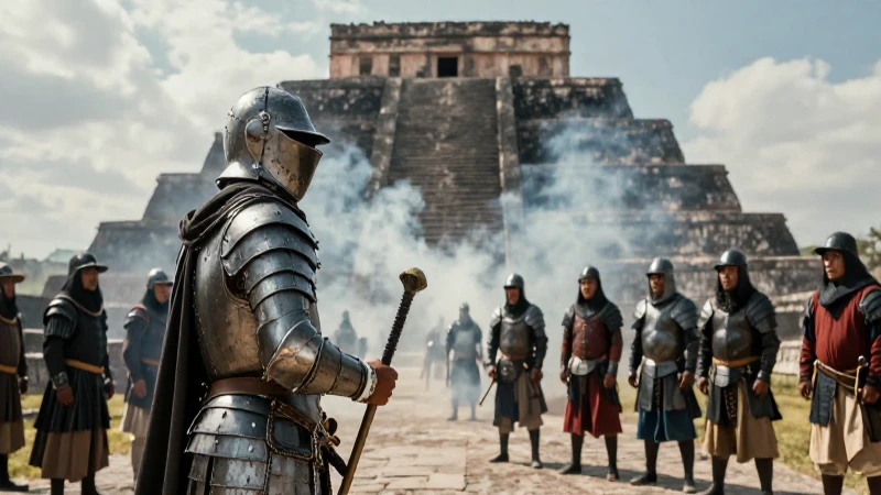 Conquistador contra guerreros Cholula bajo las pirámides