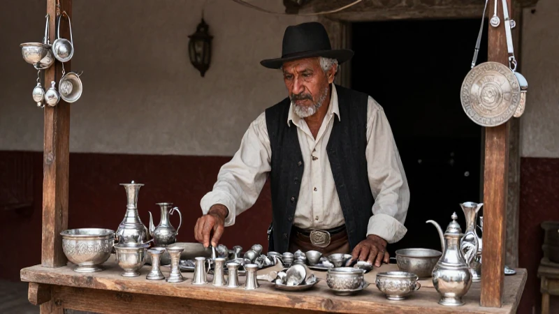 Comerciante colonial vende plata en mercado histórico