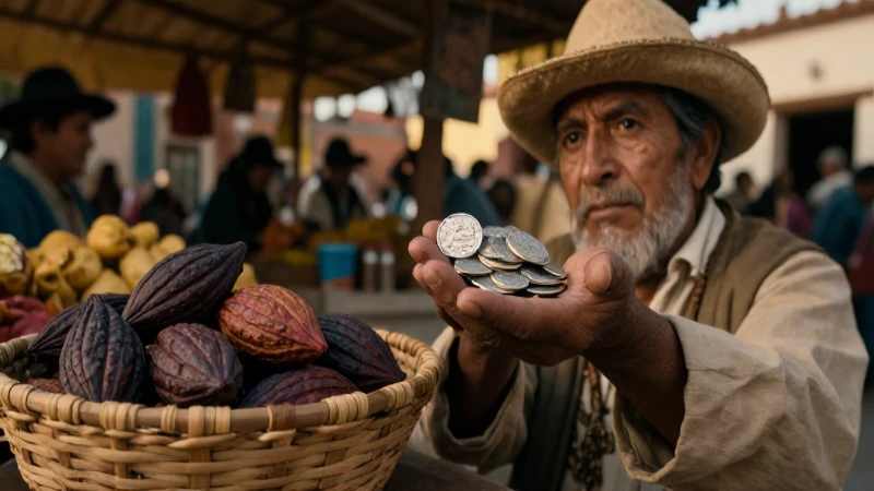 Mercader colonial azteca con plata y cacao