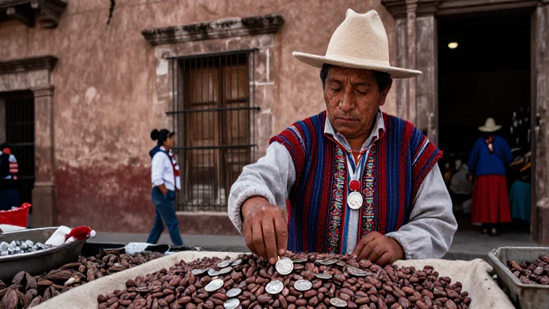 Mercader prehispánico pesa cacao contra plata colonial