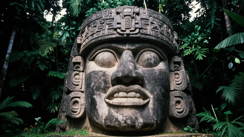Cabezal Olmec monumental en selva tropical