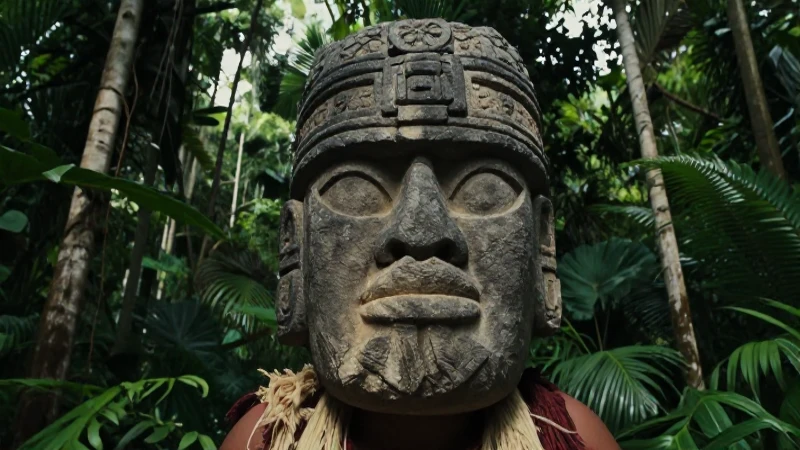 Chamán olmeca con cabeza colosal en selva