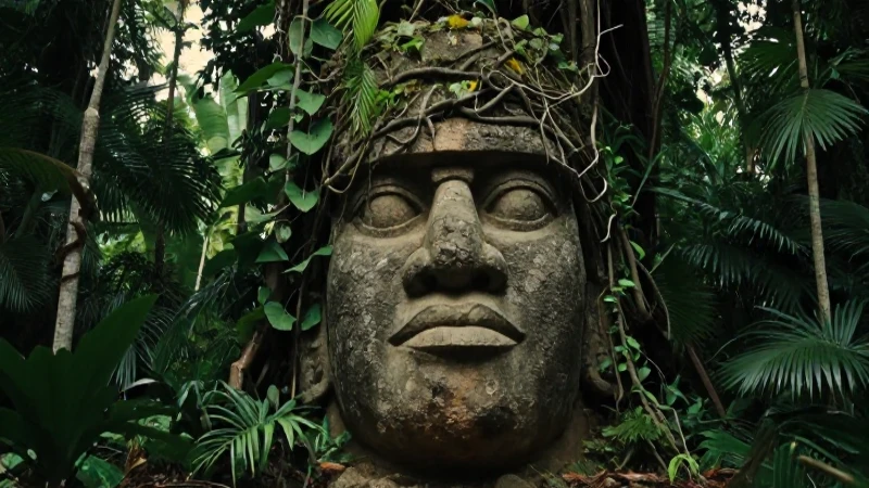 Cabeza olmeca monumental cubierta por enredaderas