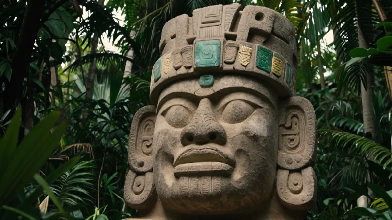 Cabeza colosal de gobernante olmeca con jade en la selva