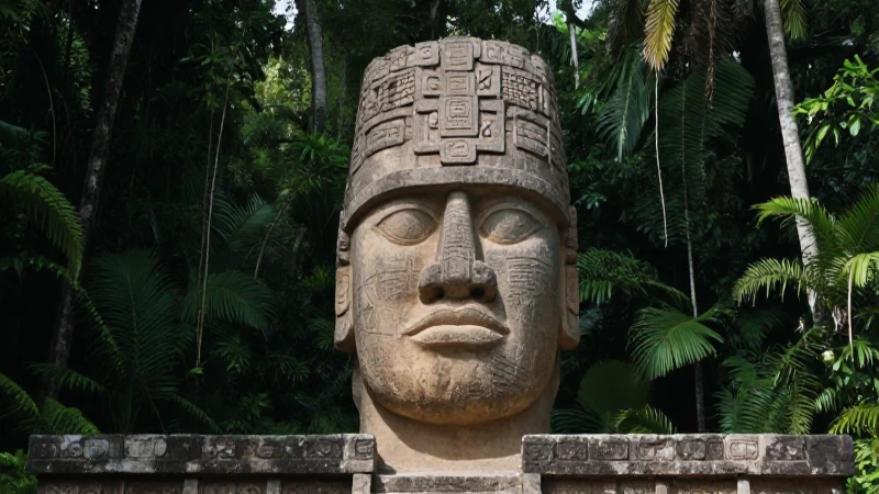 Cabeza Olmeca de basalto en jungla mesoamericana