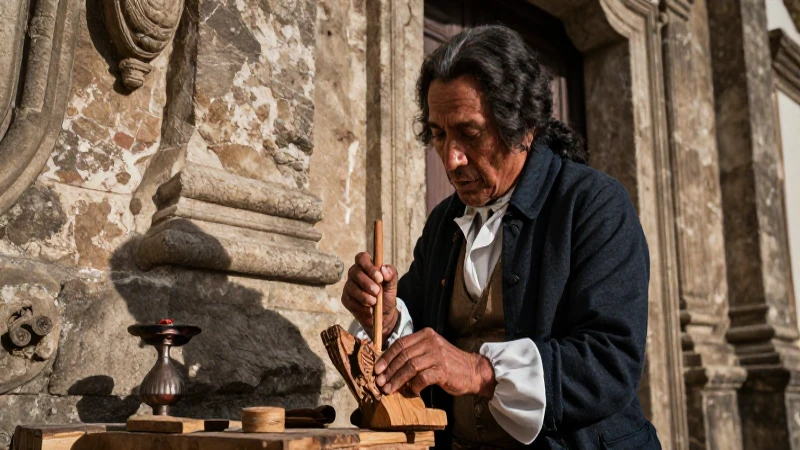 Artesano indígena tallando madera en un antiguo edificio