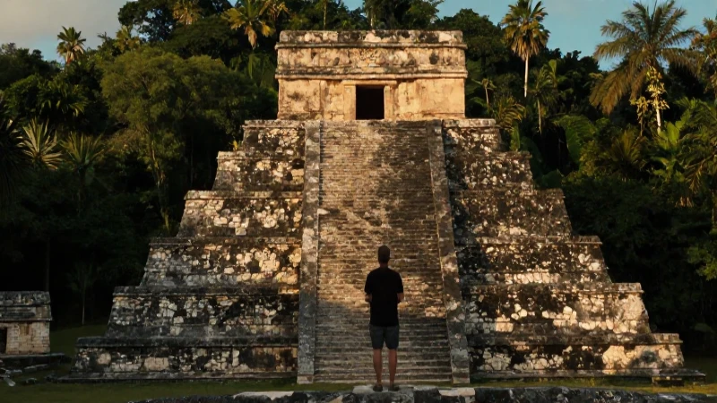Silueta observando ruinas de pirámide maya