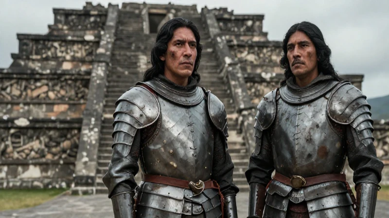 Conquistador y figura indígena en Cholula histórica