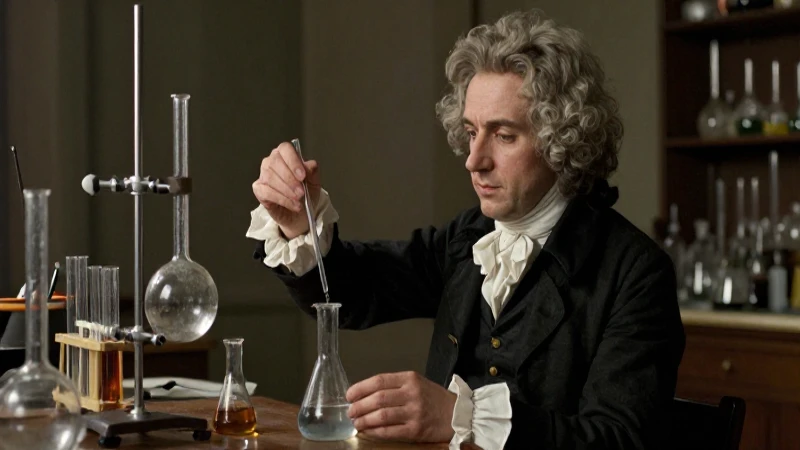 Lavoisier realiza experimento químico en laboratorio antiguo