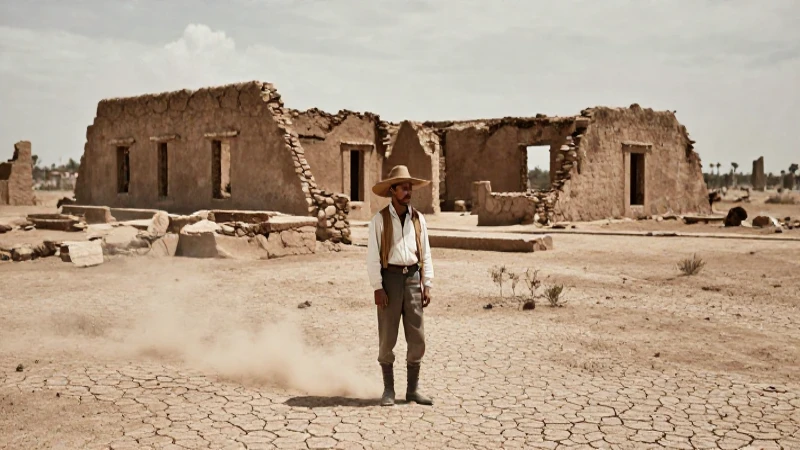 Hombre solitario en ruinas mexicanas de los años 40