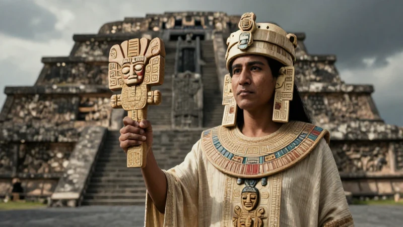 Sacerdote azteca con Técpatl ante templos