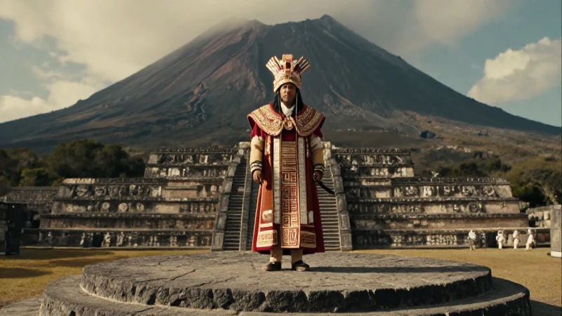 Cuicuilco: La Fascinante Cultura de su Zona Arqueológica 20 Sacerdote mesoamericano en Cuicuilco ante paisaje volcánico