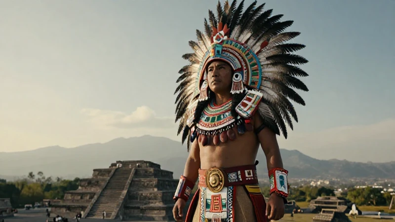 Guerrero azteca imponente ante el Templo Mayor al amanecer