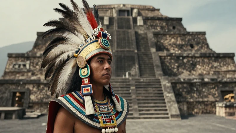 Noble azteca con tocado frente a Tenochtitlan