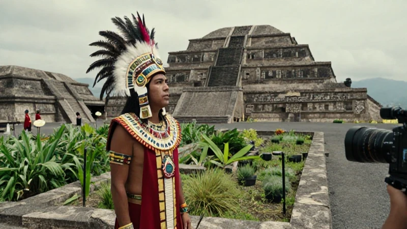 Noble azteca ante las pirámides de Tenochtitlan
