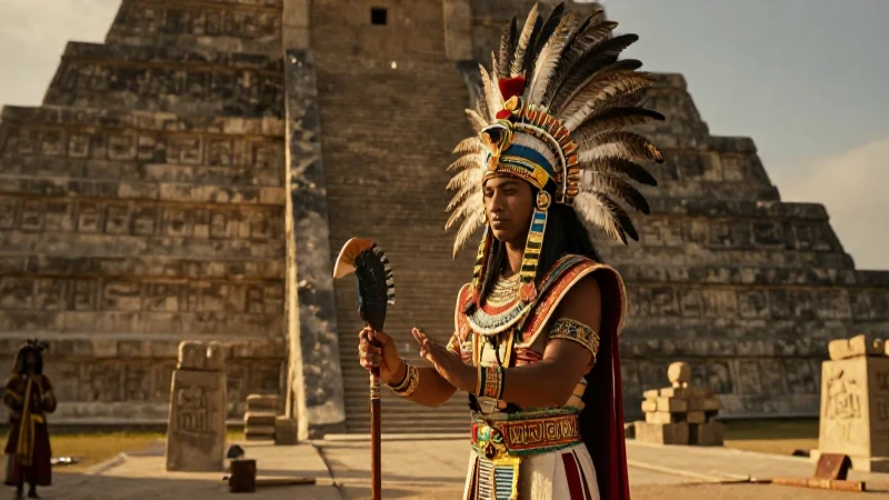 Sacerdote azteca en ritual bajo el sol dorado