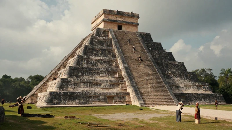 Pirámide azteca en niebla al amanecer
