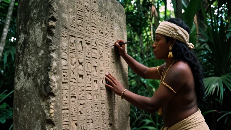 Scribe maya tallando jeroglíficos antiguos
