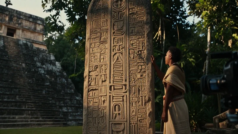 Sacerdote observa jeroglíficos mayas en la jungla