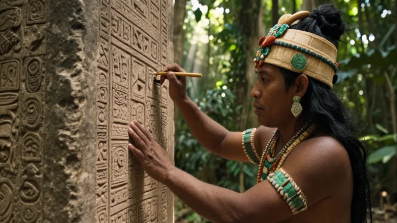 Escribas mayas tallando glifos en la selva