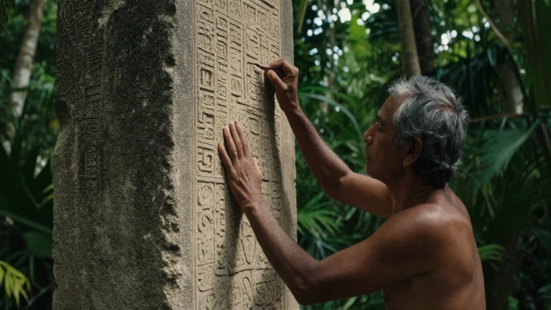 Scholar carving glyph on weathered stela