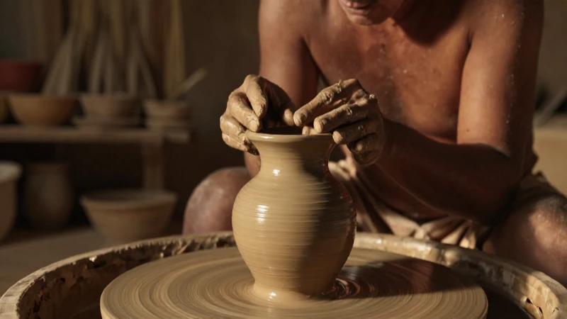 Artesano mesoamericano modelando cerámica bajo luz dorada