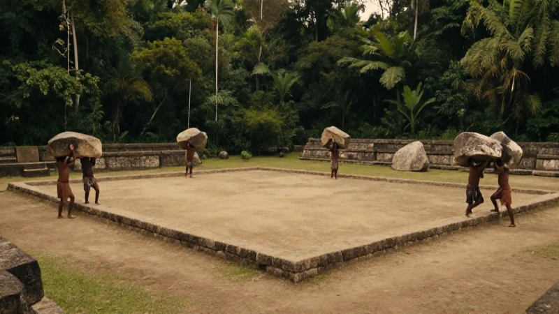 Mesoamericanos cargando piedras en la jungla