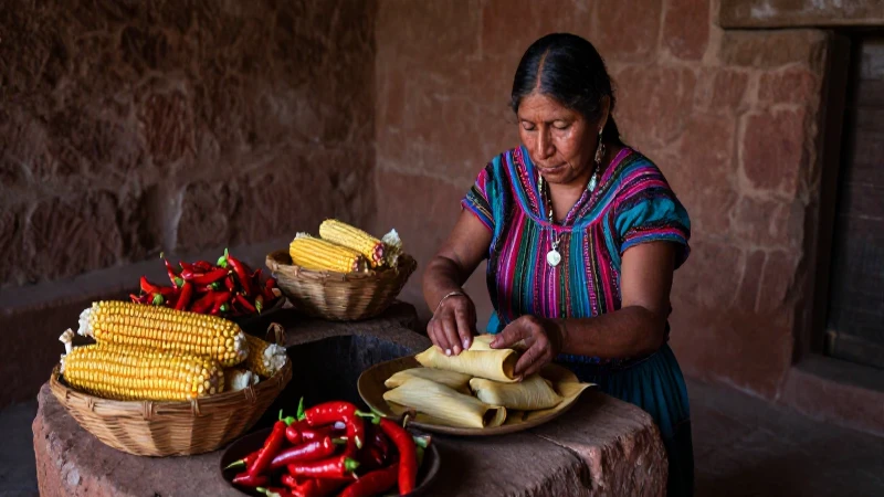 Festividades y Gastronomía: Un Viaje por la Cultura Mexicana 30 Mujer indígena prepara tamales en fogón colonial