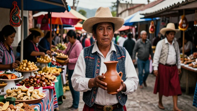 Festividades y Gastronomía: Un Viaje por la Cultura Mexicana 35 Vendedor mexicano en mercado colonial con comida
