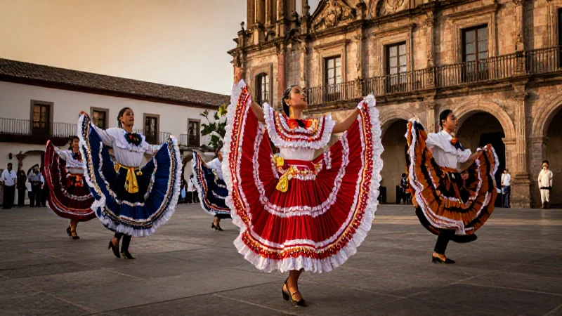Festividades y Gastronomía: Un Viaje por la Cultura Mexicana 31 Danzantes mexicanos en plaza histórica al atardecer