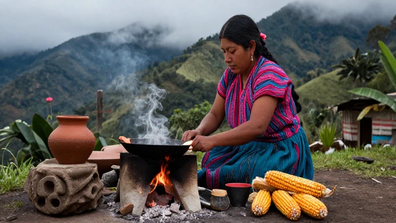 Festividades y Gastronomía: Un Viaje por la Cultura Mexicana 32 Mujer chiapaneca cocina tradicional en un paisaje místico