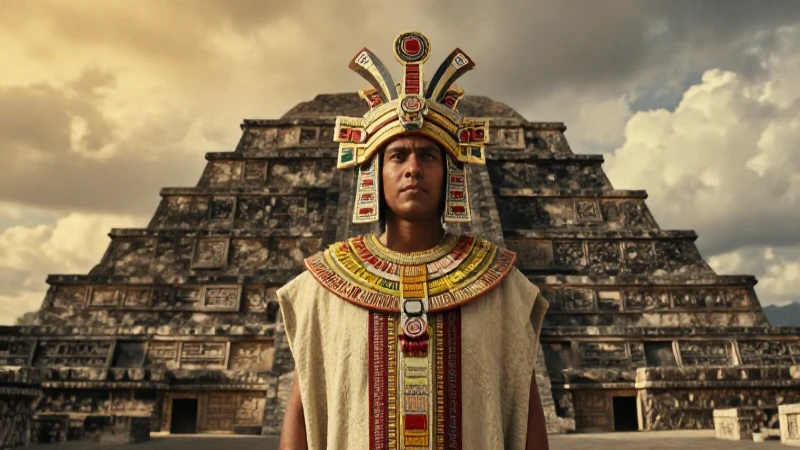 Aztec gobernante majestuoso bajo pirámide dorada