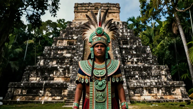 Sacerdote mesoamericano majestuoso ante una antigua ziggurat