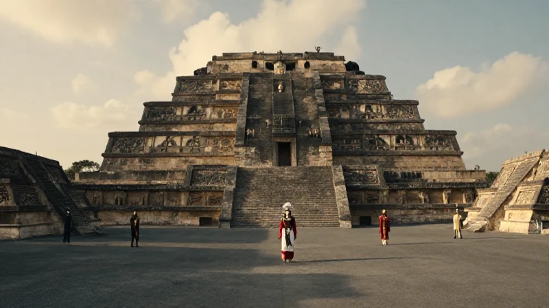 Plaza azteca con pirámides y luz dorada