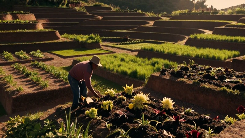 Agricultor prehispánico en chinampas bajo luz dorada