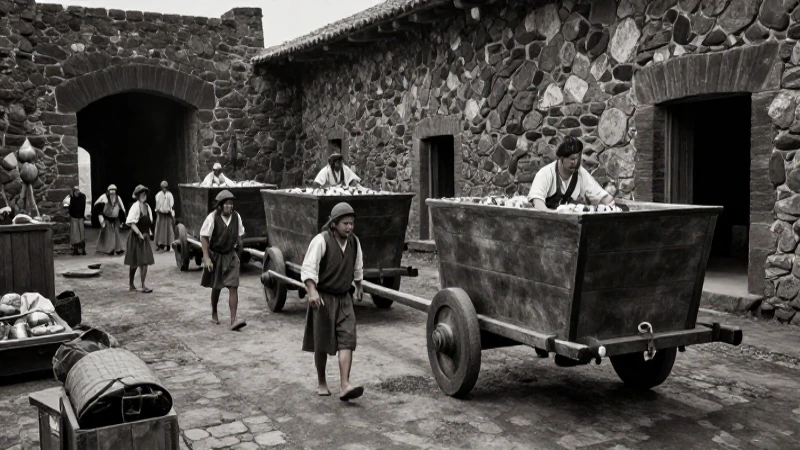 Trabajadores indígenas en mina de plata colonial