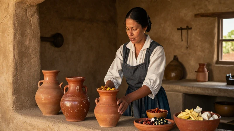 Mujer colonial cocinando platos tradicionales en cocina histórica