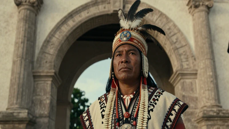 Hombre indígena en arco colonial, fotografía documental