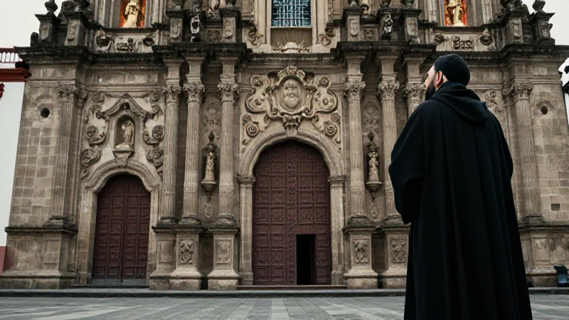 Friar observa catedral colonial barroca