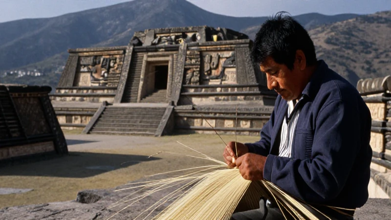 Culturas de Oaxaca: Un Viaje a la Diversidad de su Zona 33 Oaxaqueño teje frente a la enorme estructura de Monte Albán