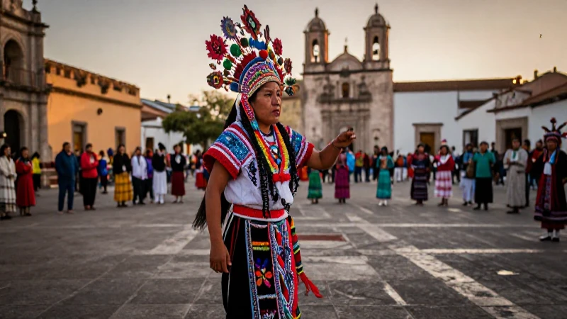 Culturas de Oaxaca: Un Viaje a la Diversidad de su Zona 31 Danzante zapoteca vibrante en plaza oaxaqueña al atardecer
