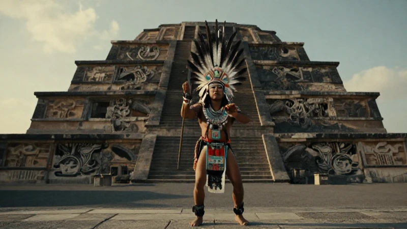 Guerrero azteca danzando ante templo monumental