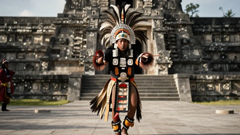 Guerrero azteca bailando en plaza ceremonial