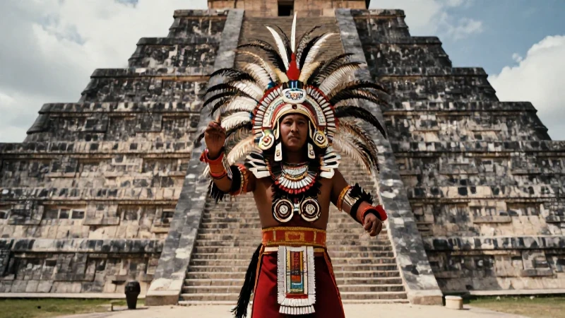 Danza azteca ceremonial ante pirámide mesoamericana